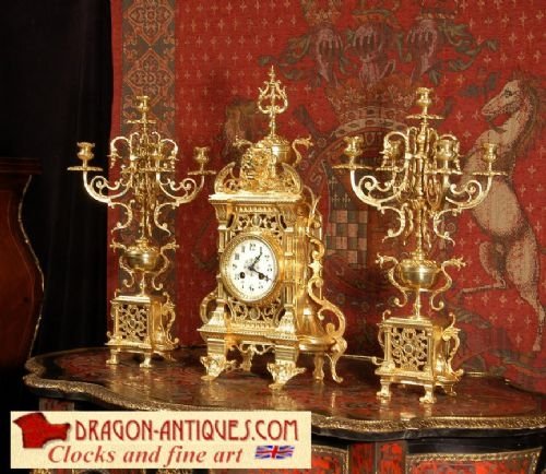 Stunning Antique French Gilt Brass Clock Set 
By Japy Freres
~ French - Circa 1875 ~